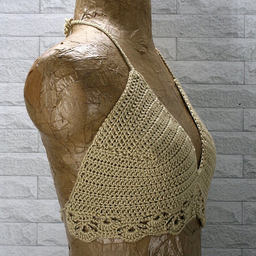 HAND CRAFTED Crop Top Crochet Bikini Halter Neutral Festival Rave Tan Various - Picture 3 of 14